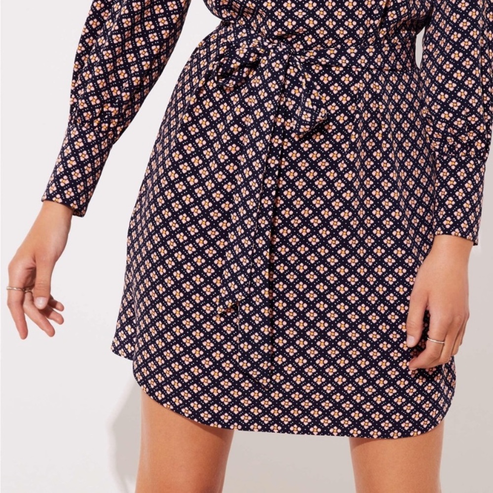 LOFT Navy Mini Dress with Peach Floral Diamond Print